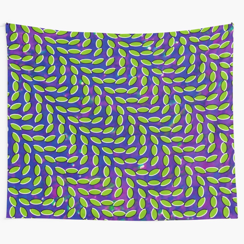 Colorful and vibrant psychedelic tapestry design featuring elements inspired by indie music artists like Merriweather Post Pavilion, Animal Collective, and MGMT