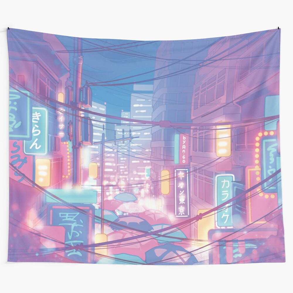 Neon Tokyo streets tapestry with soft pastel colors and aesthetic cityscape