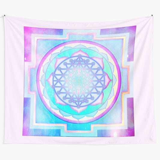 Colorful Sri Yantra Mandala tapestry featuring sacred geometry and vortex design