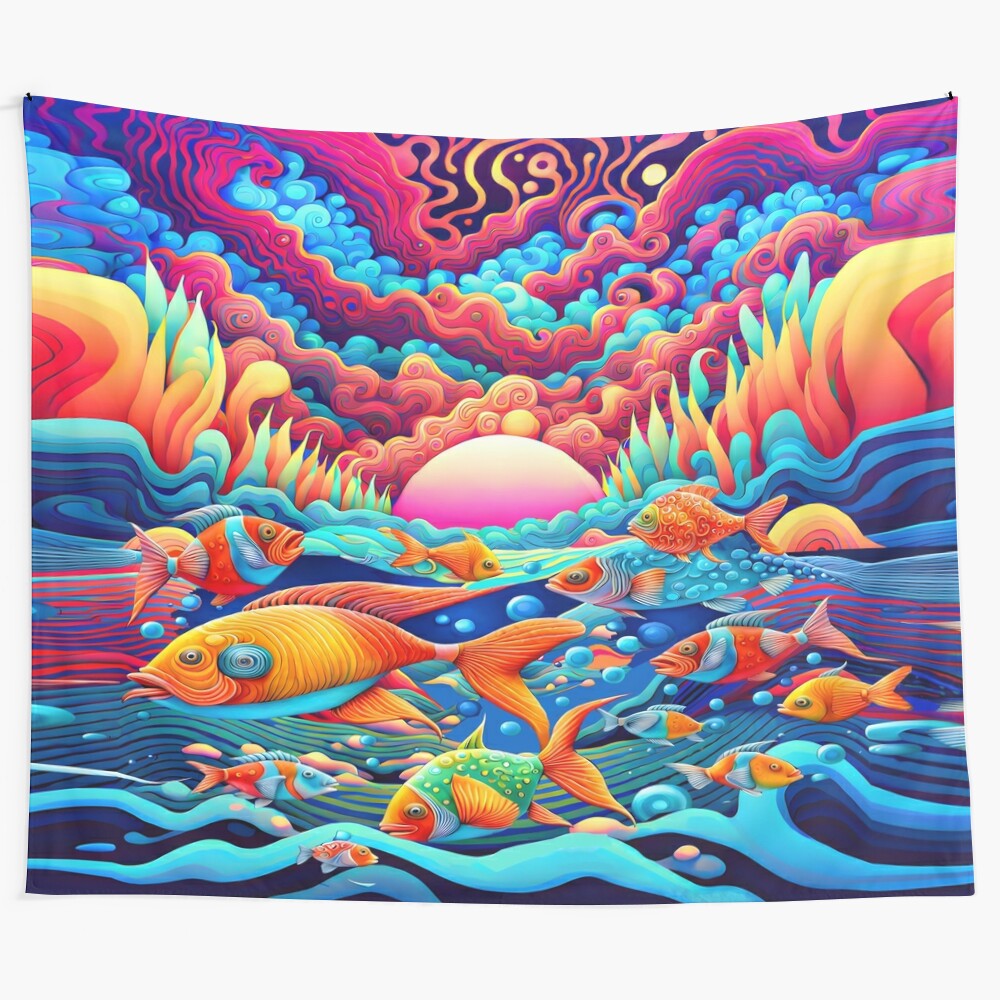 Psychedelic ocean-inspired tapestry with vibrant colors and surreal patterns