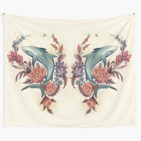 Floral shark tapestry with vintage botanical illustration