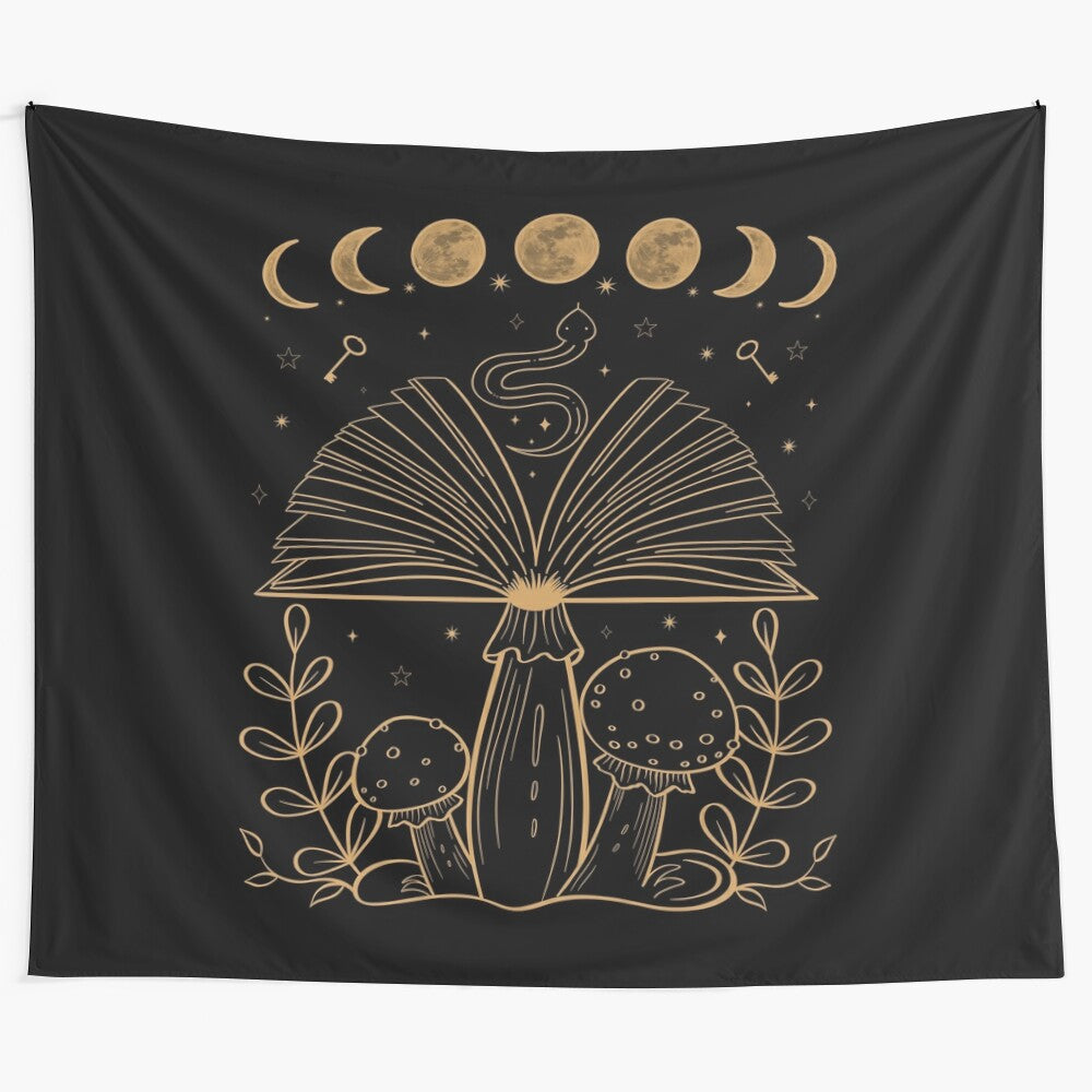 Dark academia style tapestry featuring moon phases, astrology, and witchy elements