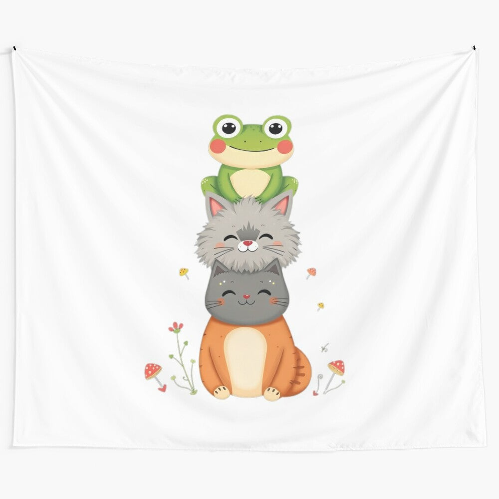 Colorful tapestry featuring a stack of cute frogs and cats in a whimsical nature design