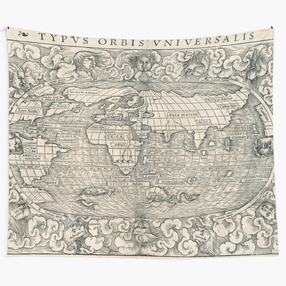 Vintage 1540 old world map tapestry featuring a renaissance planisphere