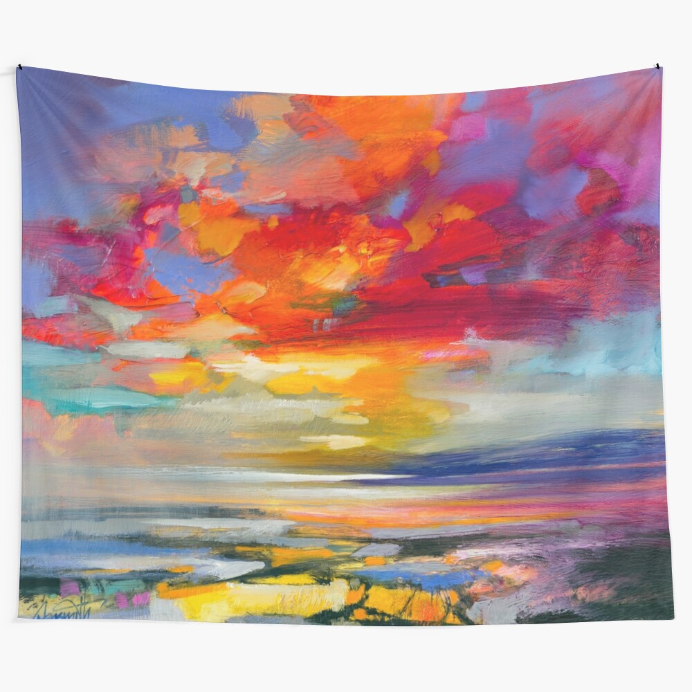 Vivid abstract tapestry featuring a Scottish landscape with vibrant colors