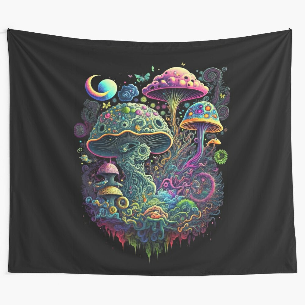 Psychedelic mushroom tapestry with abstract, colorful, and mind-altering visuals