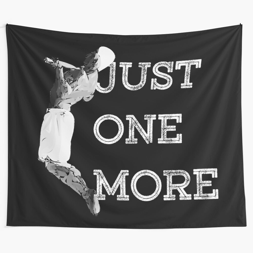 Tapestry inspired workout motivation wall decor featuring the phrase "Just One More"