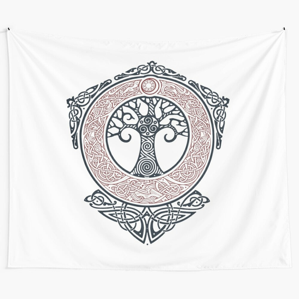 Yggdrasil tree of life tapestry with Norse mythology symbols and nature elements