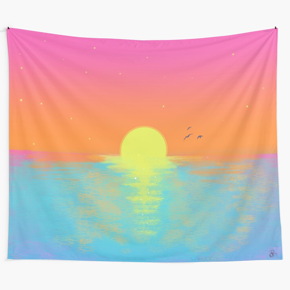 Colorful sunset tapestry with neon, vaporwave, and sea-inspired design