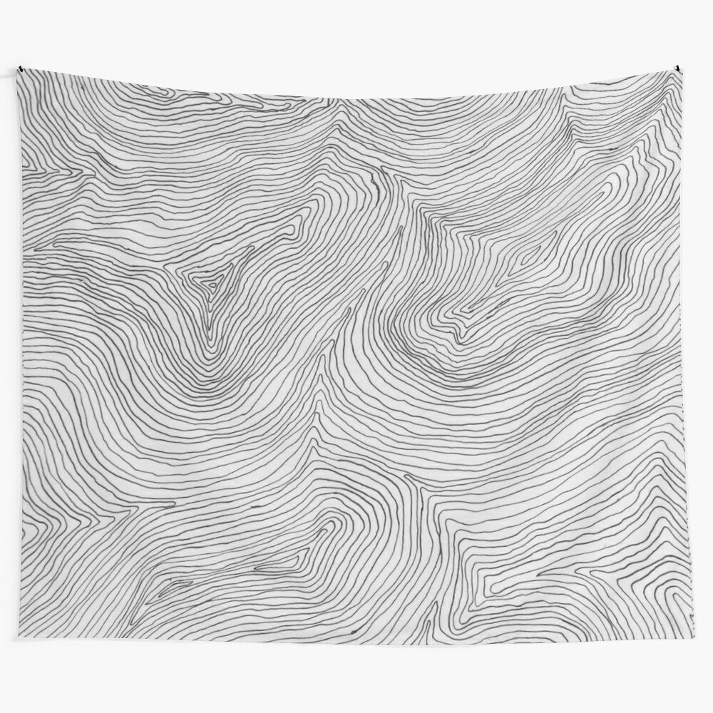 Geometric abstract line art tapestry featuring minimalist black and white design