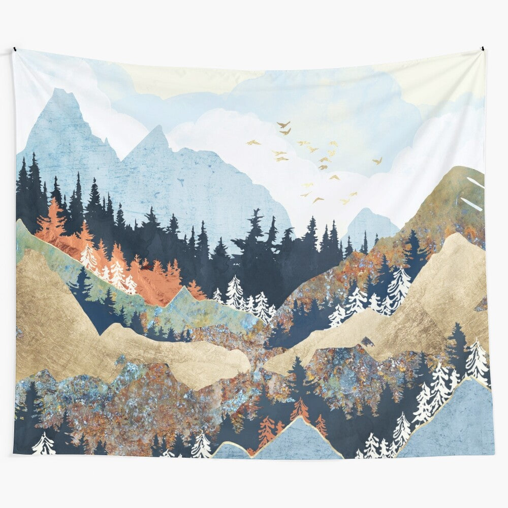 Spring tapestry featuring a scenic nature landscape with mountains, trees, and wildlife