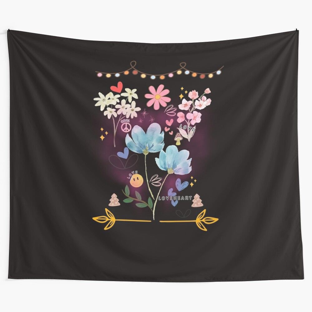 Retro hippie loveheart tapestry with psychedelic flower power design