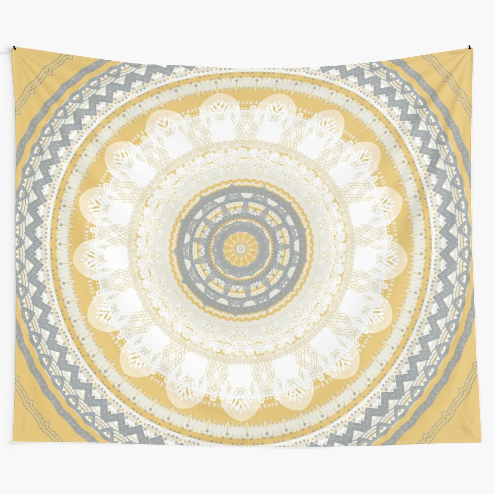 Pantone yellow mandala tapestry with intricate bohemian design