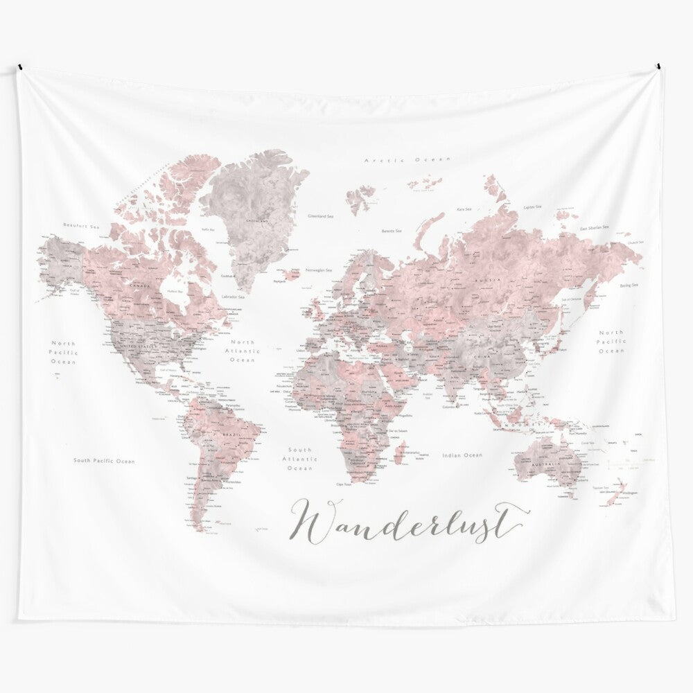 Wanderlust watercolor world map tapestry wall art