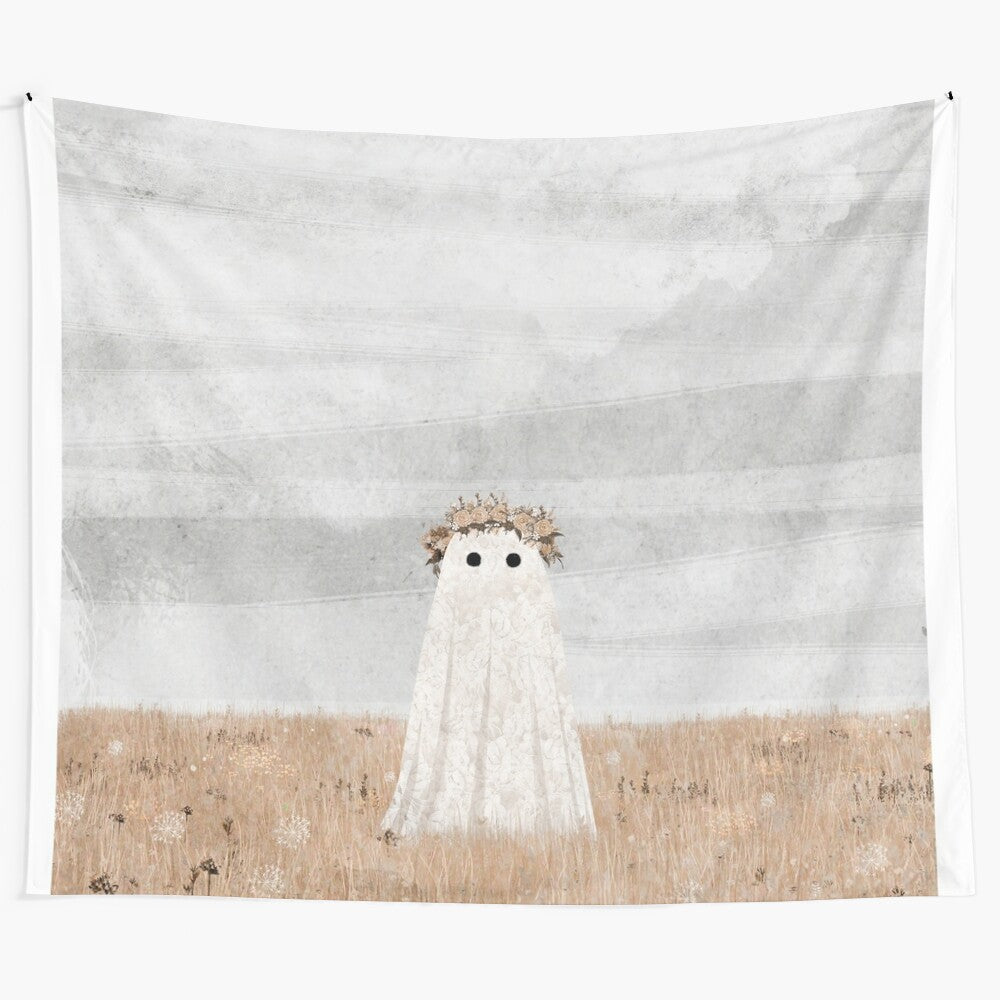 Enchanting meadow tapestry with ghostly figure and wildflowers