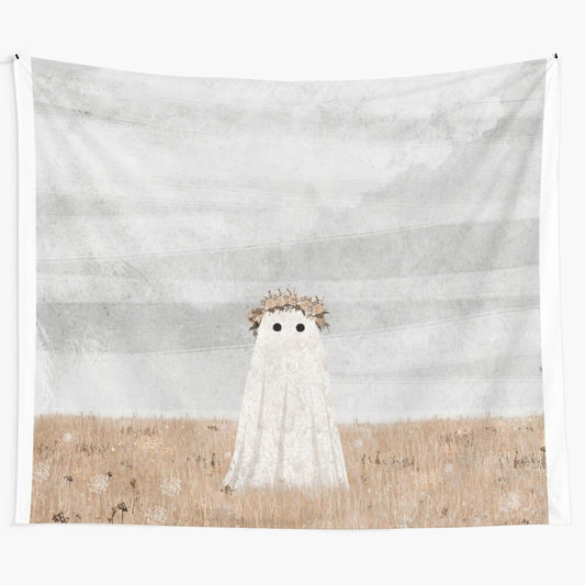 Enchanting meadow tapestry with ghostly figure and wildflowers