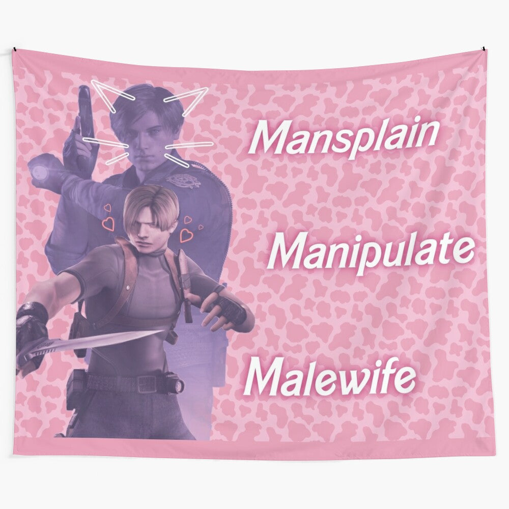 Stylish pink tapestry featuring cow-themed Leon Kennedy from Resident Evil 4