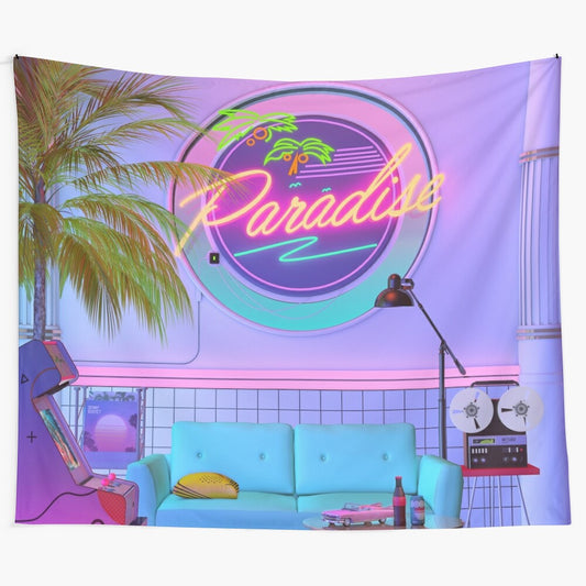 Retro paradise wave tapestry with synthwave, vaporwave, and neon design