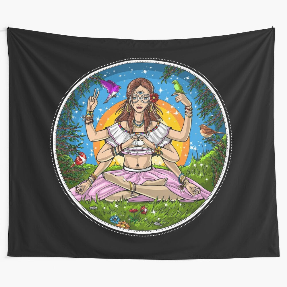 Hippie Meditation Tapestry with Floral Mandala Design