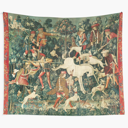 Detailed tapestry featuring a majestic unicorn defending itself in a lush, floral landscape