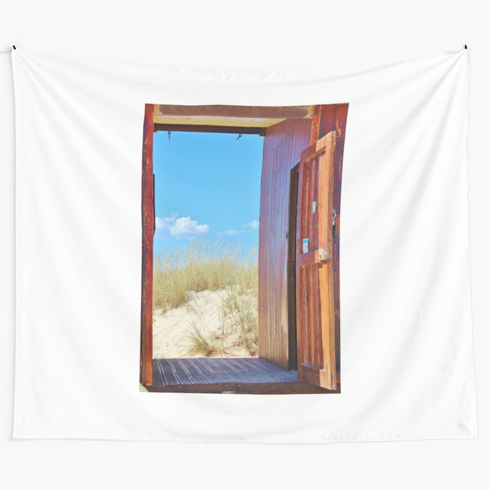 Beachside tapestry with scenic ocean view and sand