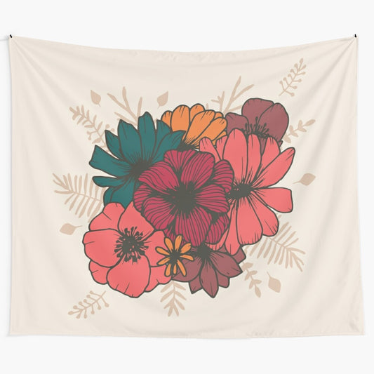 Boho floral tapestry featuring a colorful bouquet of flowers in autumnal tones