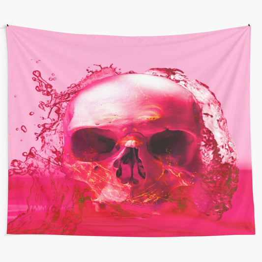 Mesmerizing red skull floating in a dreamlike water scene, abstract fantasy tapestry