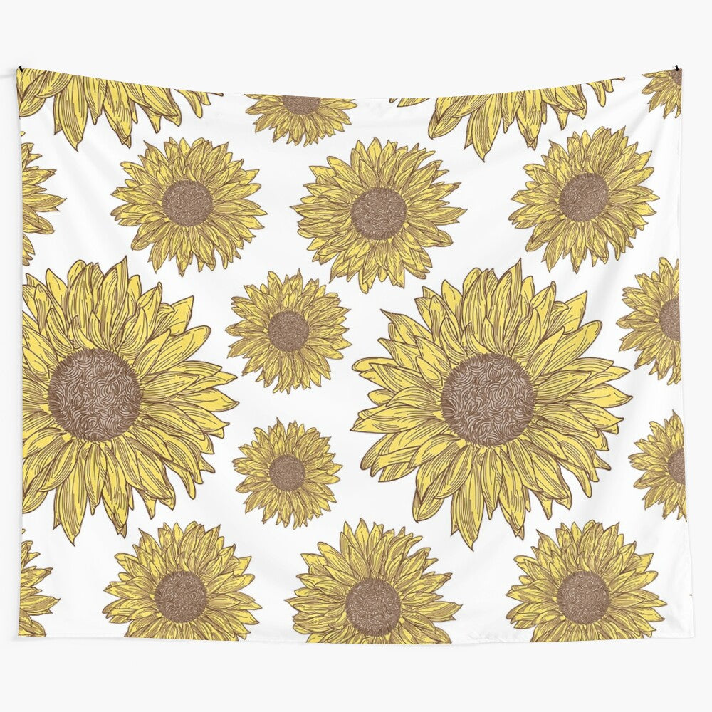 Bohemian style floral tapestry with daisies and sunflowers