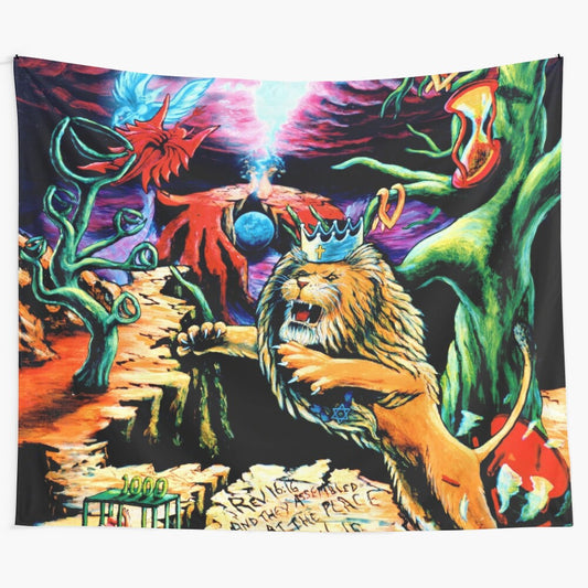 Captivating psychedelic lion tapestry with surreal, visionary artwork