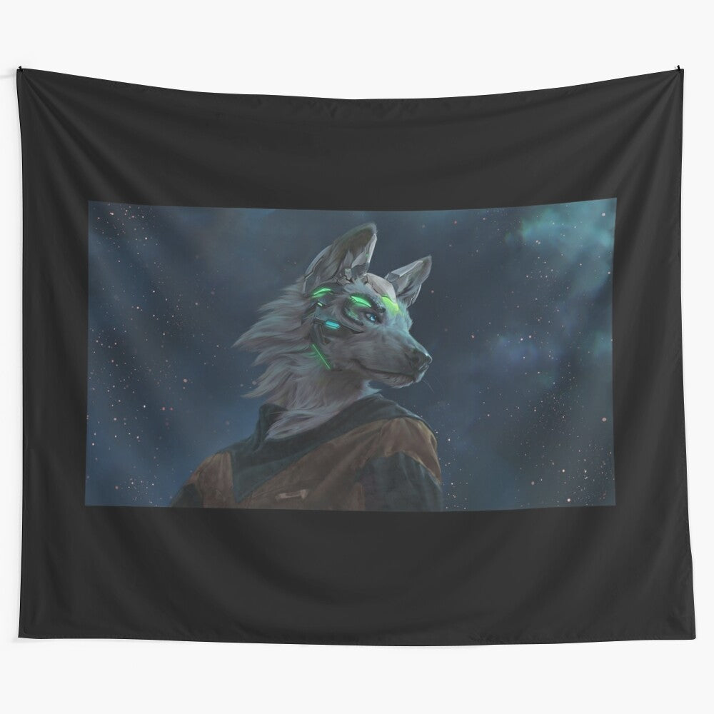 Nebula Tapestry featuring a wolf-like anthro character in a vibrant, galactic scene