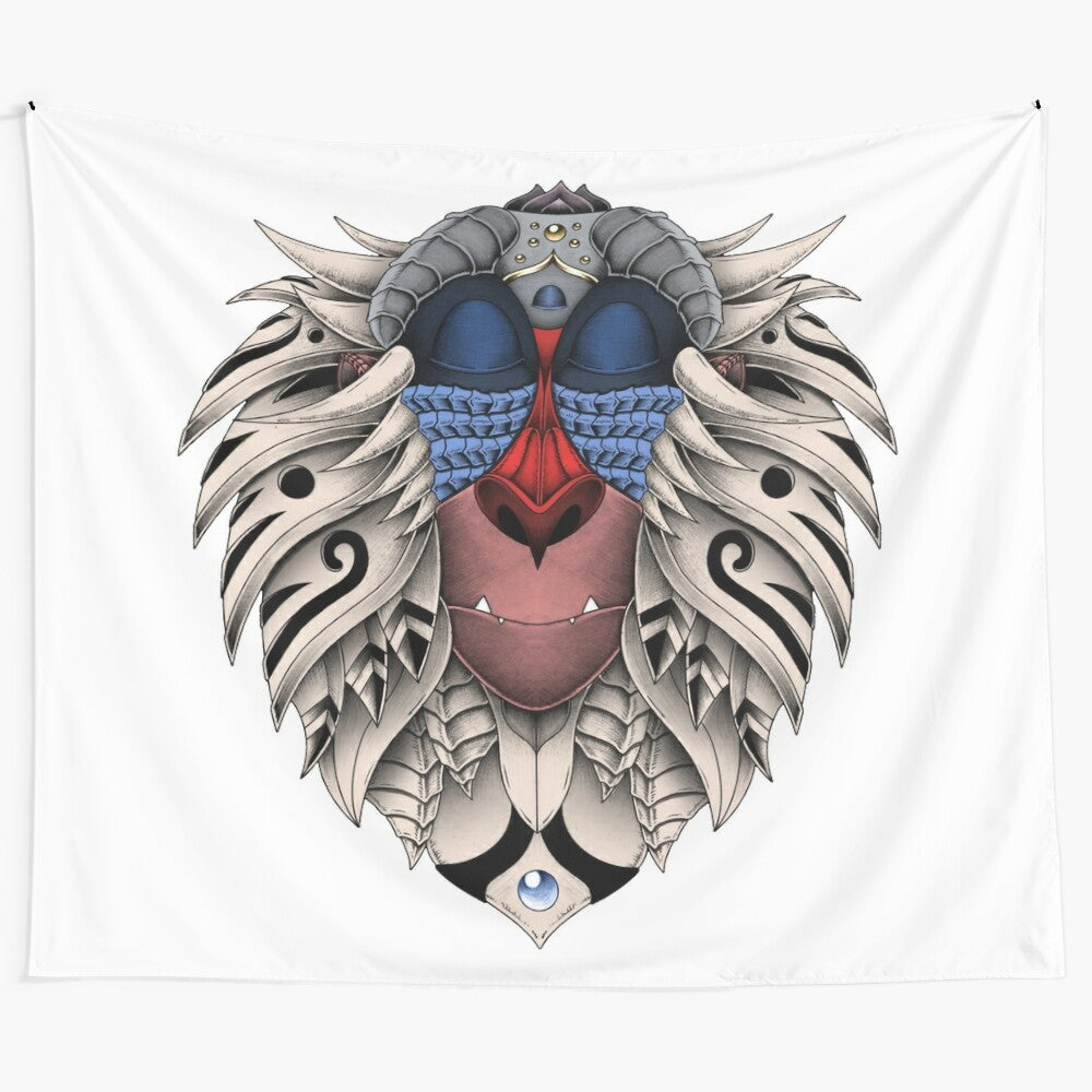 Ornate abstract mandala tapestry featuring a stylized monkey design