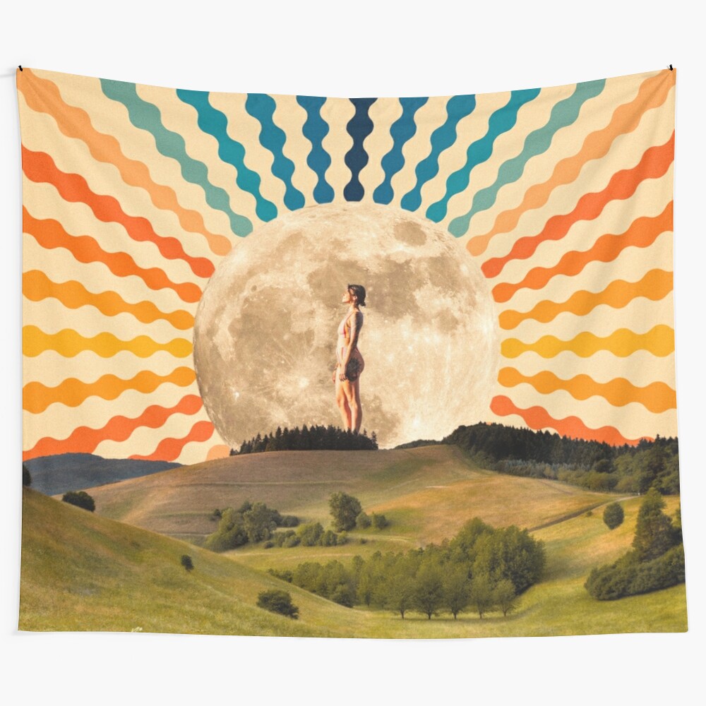 Retro meditation time tapestry featuring psychedelic, abstract, and cosmic visual elements