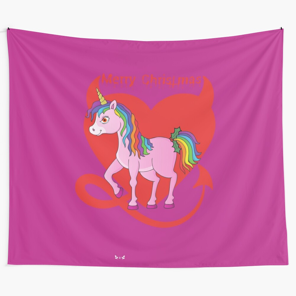 Cute and dark unicorn tapestry with a whimsical holiday design