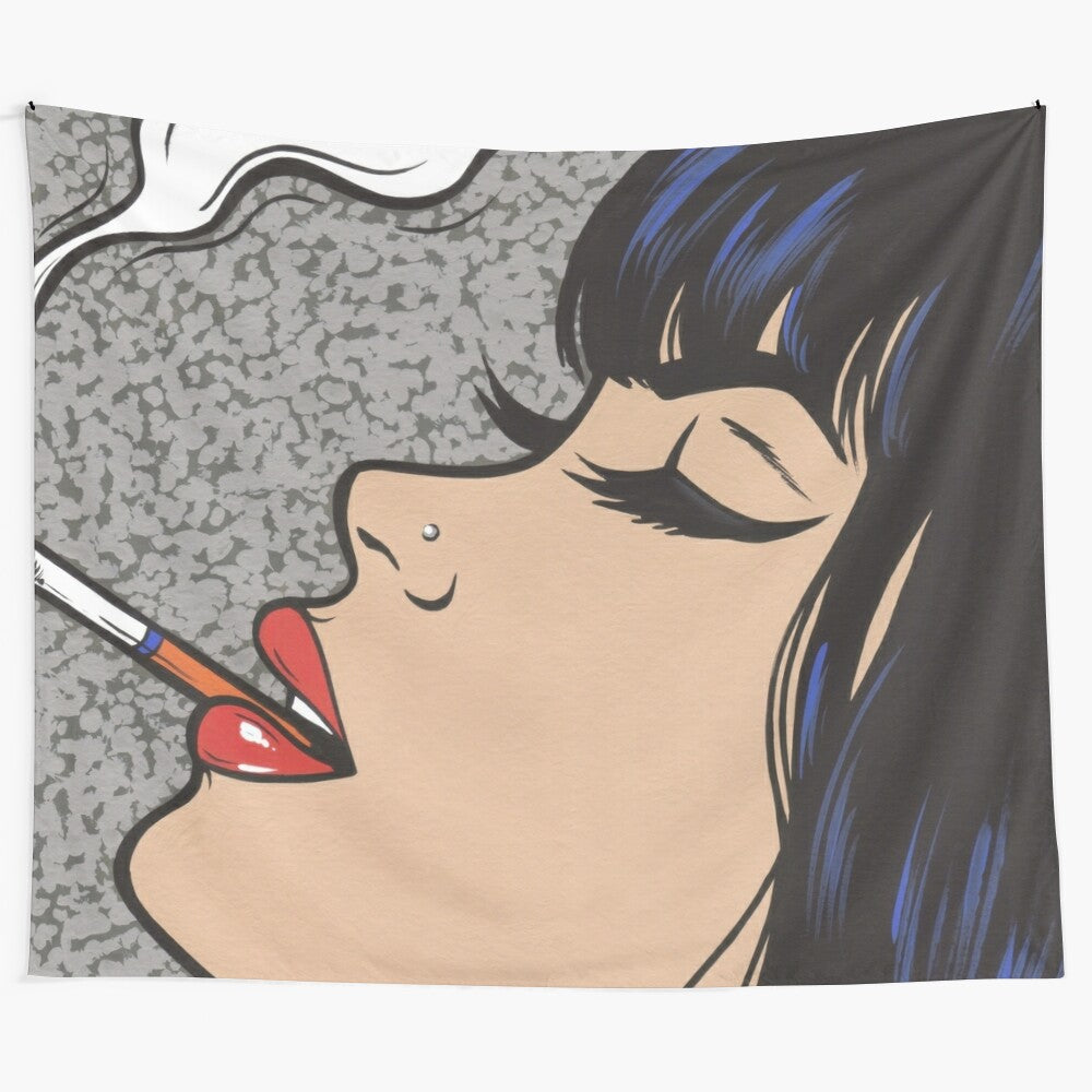 Smoking pop art girl tapestry with vibrant comic book style and vintage modern art