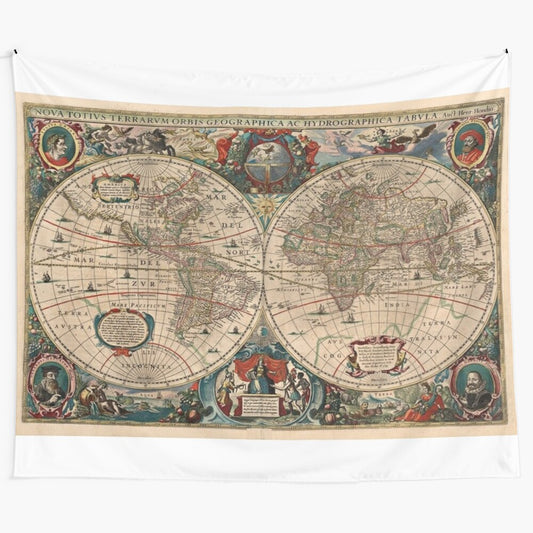 Vintage-inspired world map tapestry with antique cartography design