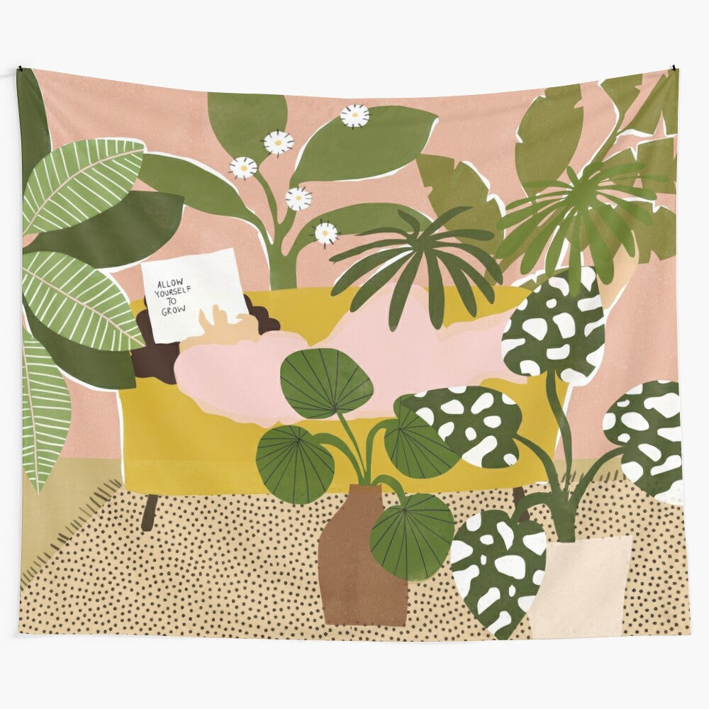 Vibrant abstract tapestry depicting plants and botanical elements for personal growth