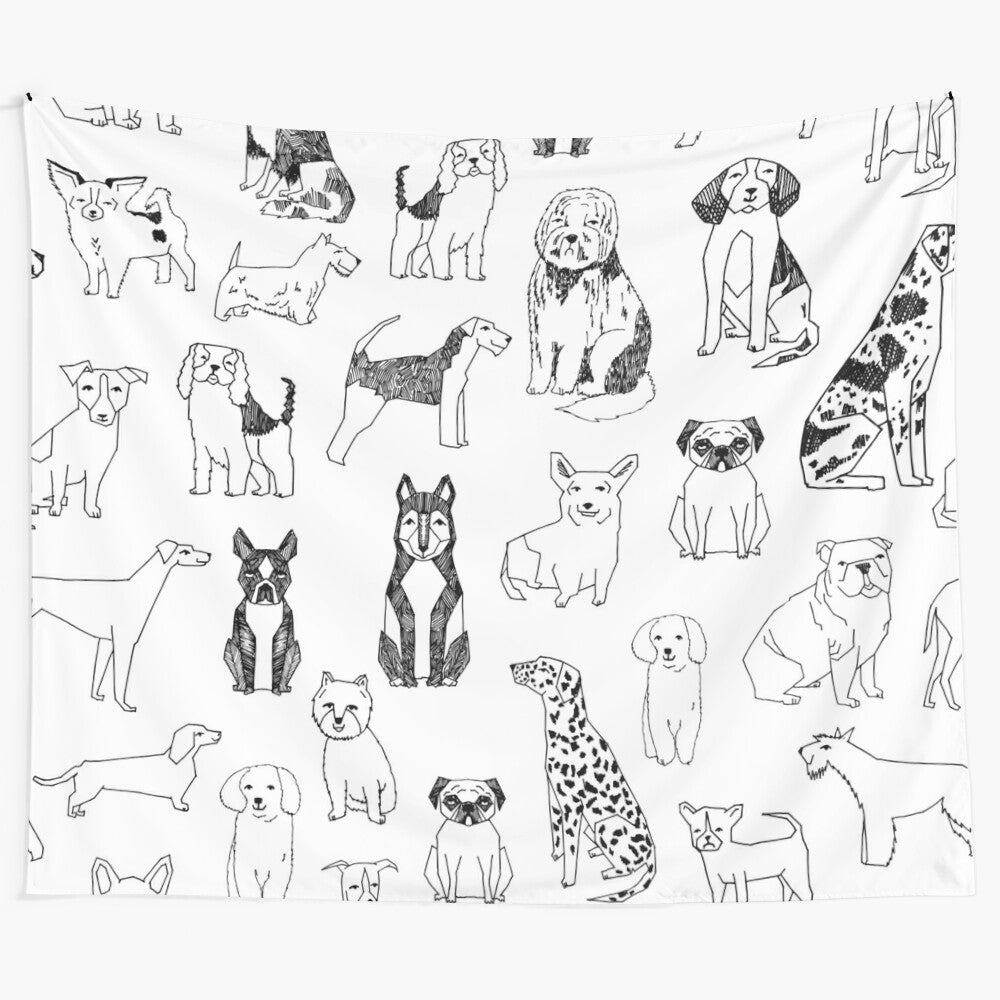 Colorful tapestry featuring various dog breeds including beagle, pug, and dalmatian on a white background