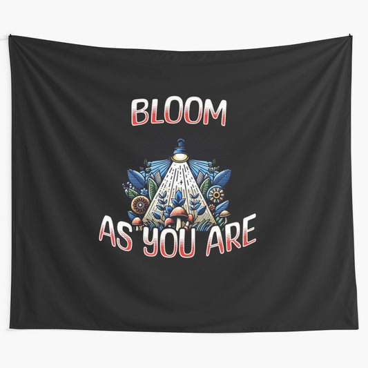 Positive affirmations tapestry with retro floral design and "Bloom as you are" message