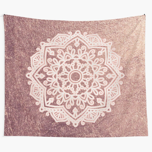 Dusty rose gold mandala tapestry with intricate floral design