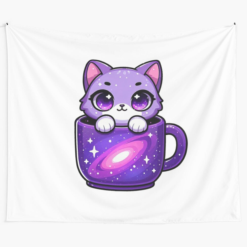 Cosmic cat tapestry featuring a cute feline in a starry, galactic night sky