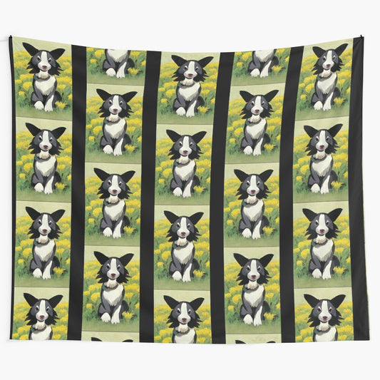 Vintage-inspired border collie tapestry with Bayeux tapestry design