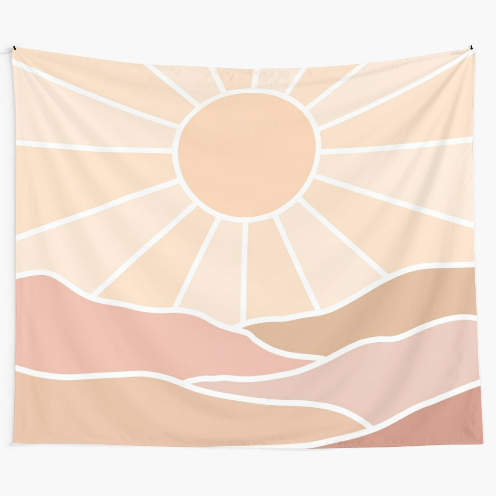 Serene summer sunset tapestry featuring a minimalist mountain landscape