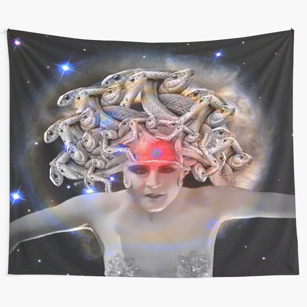 Medusa-inspired tapestry featuring intricate patterns, vibrant colors, and mythological elements