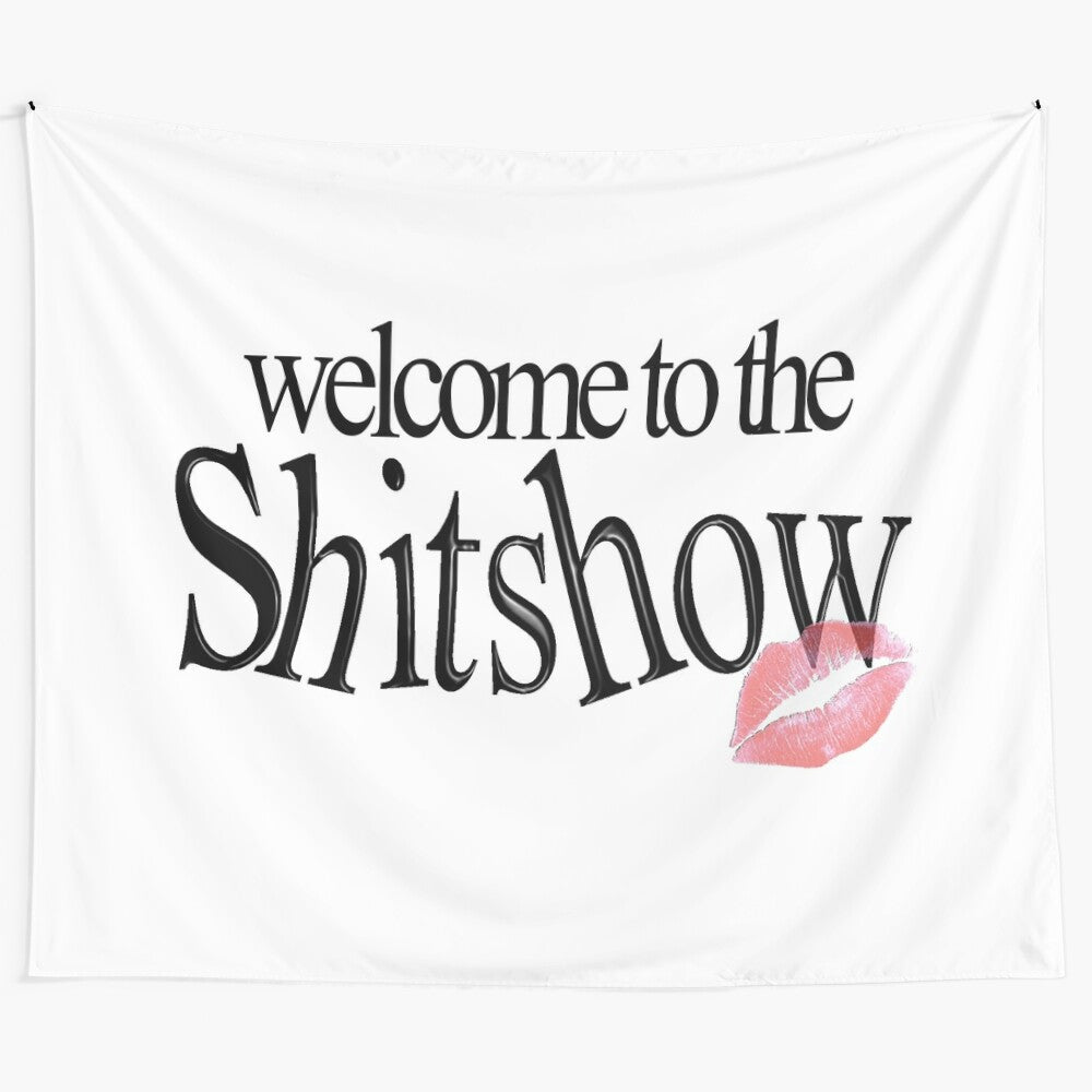 "Welcome to the Shitshow" tapestry featuring a fun, trendy college-themed design