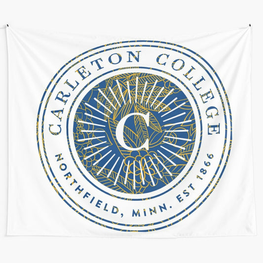 Carleton College-themed tapestry blanket featuring the school's maize and blue colors and knights logo