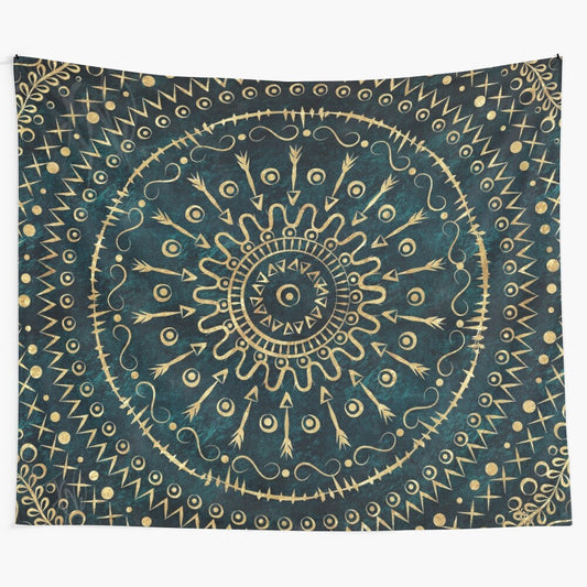 Geometric tribal gold mandala tapestry artwork for modern bohemian home decor