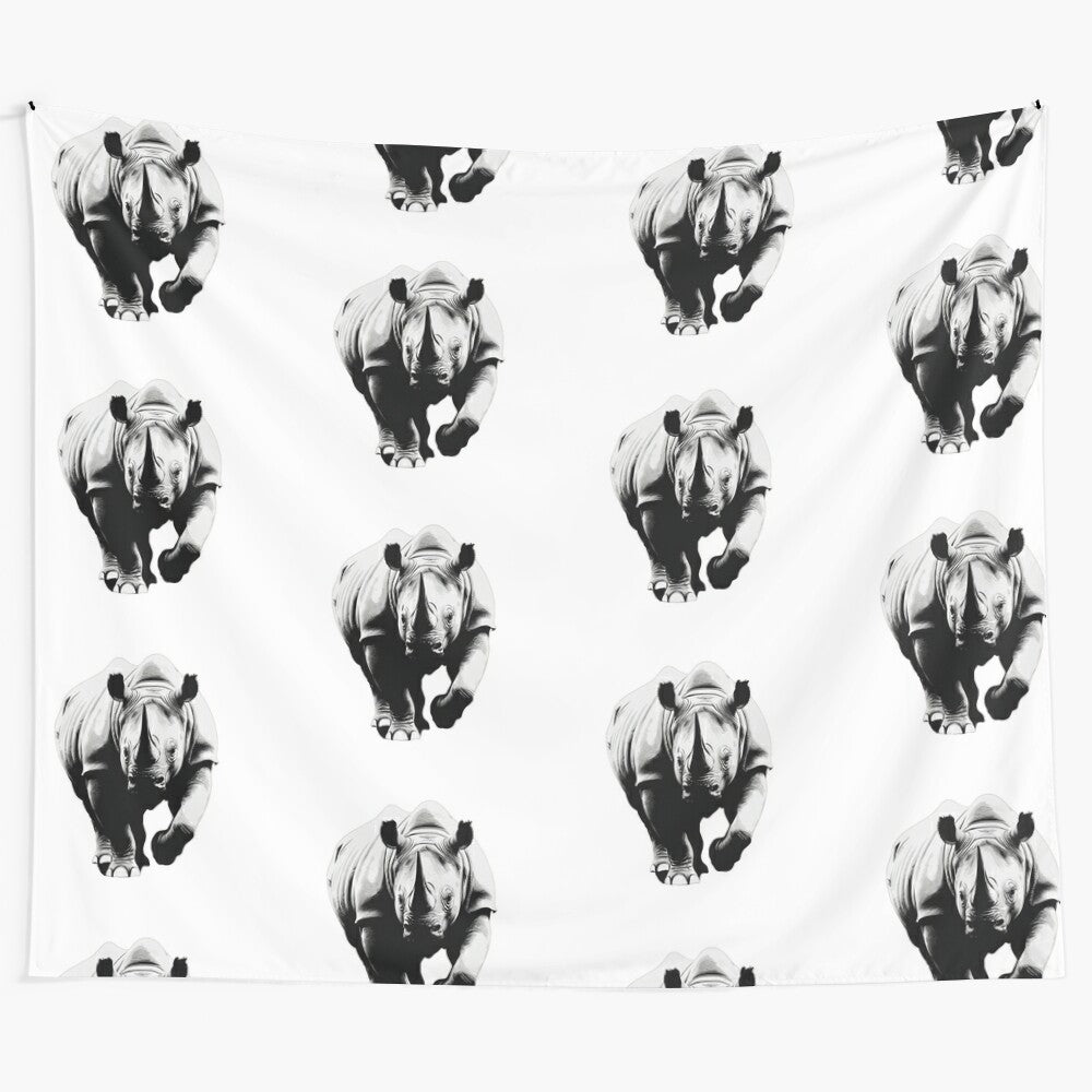 Rhinoceros stencil tapestry featuring a cute and whimsical rhino design