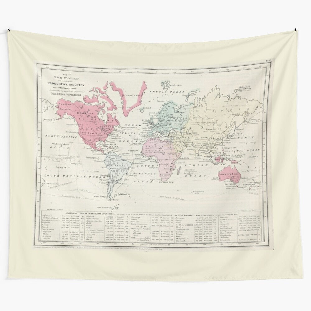 Vintage 1865 world map tapestry showing historical geography and continents