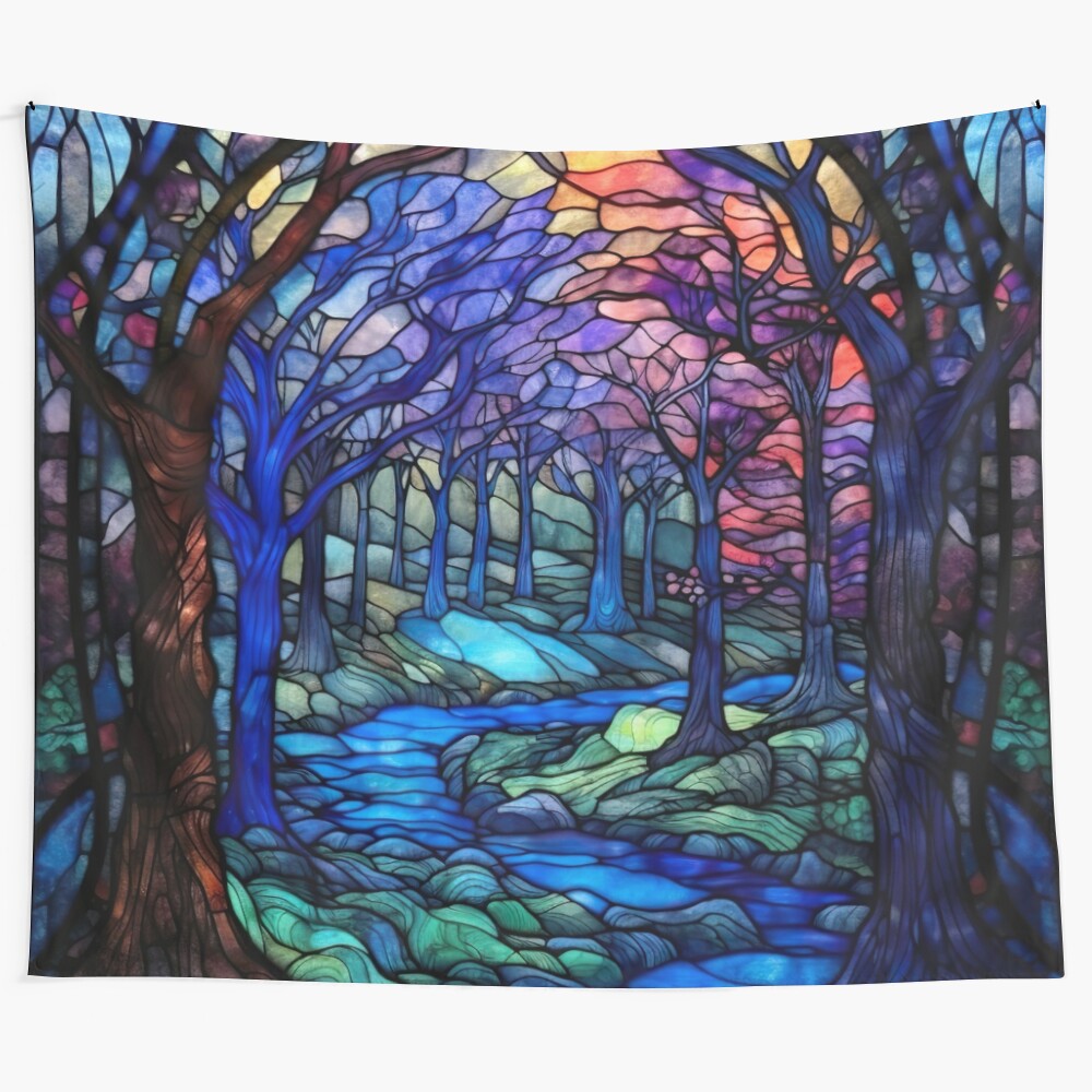 Stained glass dark fantasy forest tapestry with mystical landscape and magical elements