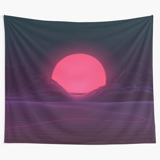 Neon Sunset Tapestry with Retro Landscape Scenery